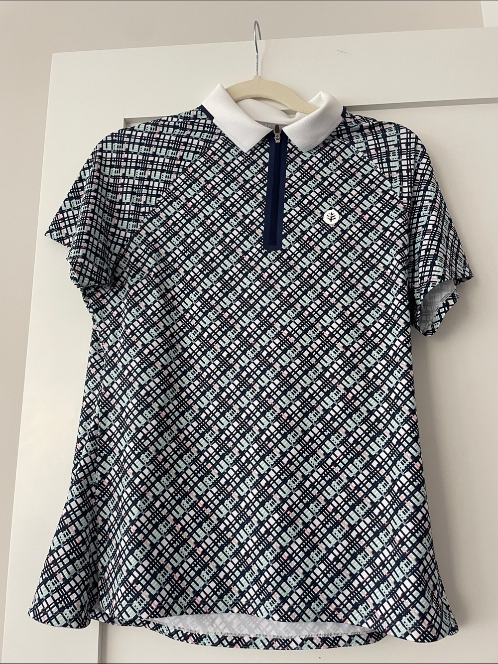 Womens Navy Geometric Zip Polo Top with White Collar